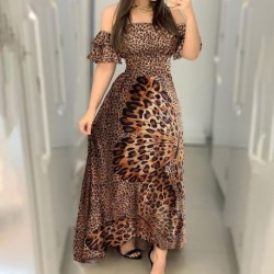 Fashion Womens Dress Leopard Print Strapless Short Sleeve Beach Casual Long Dress Summer Ladies Sexy Party Dress high quality