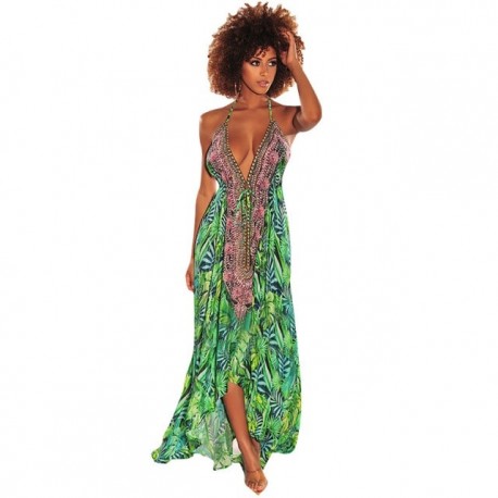 Yg brand women's 2021 summer new sexy open back large V-neck sling retro printed Bohemian long dress