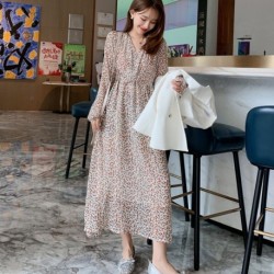 TFETTERS Long Sleeve Chiffon Dress 2021 Spring and Autumn New Women's Korean V-neck Floral Loose Lace-up Waist Dress